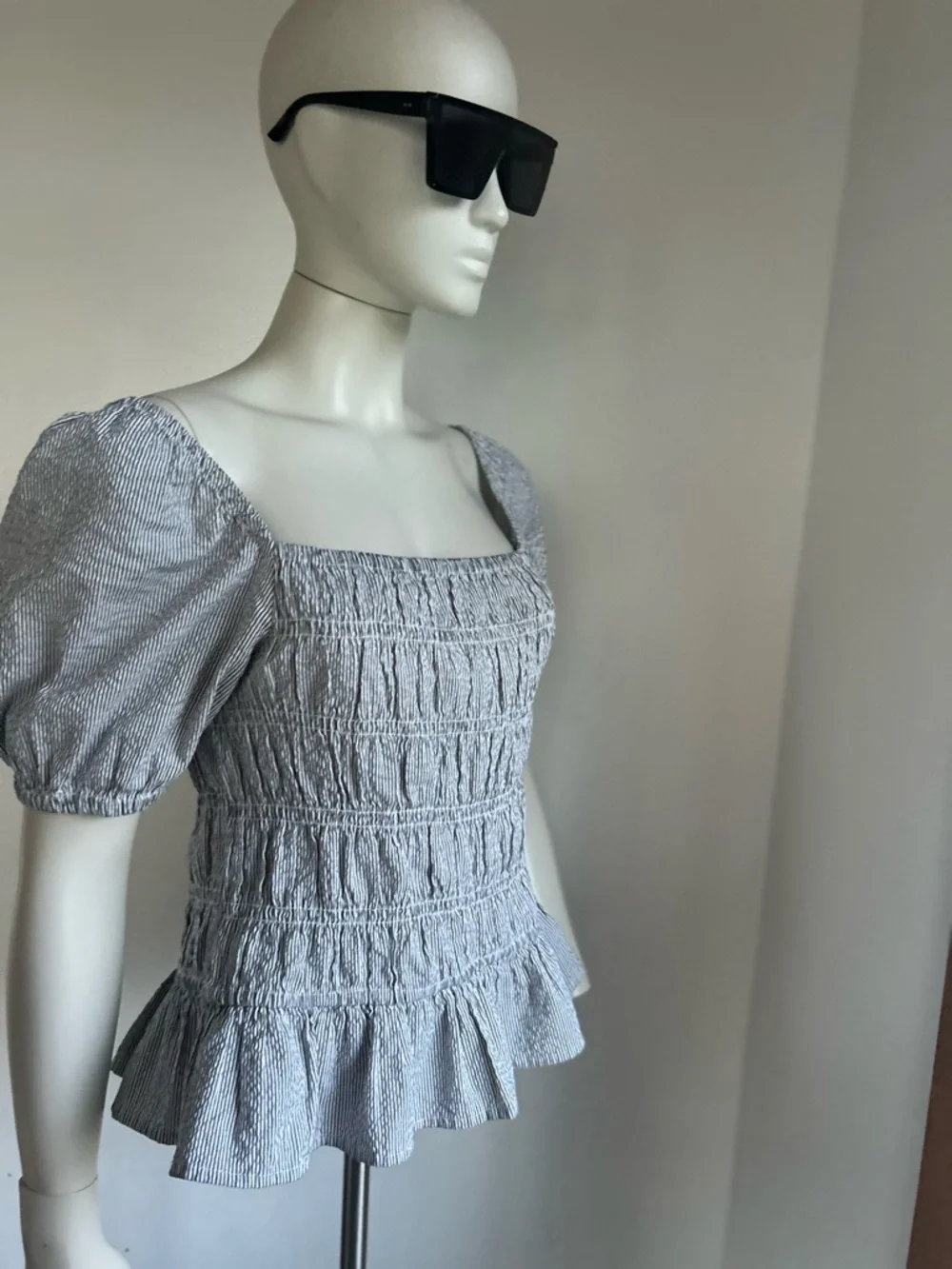 Buffalo L Smocked Square-Neck Peplum Top in Light Blue Stripe